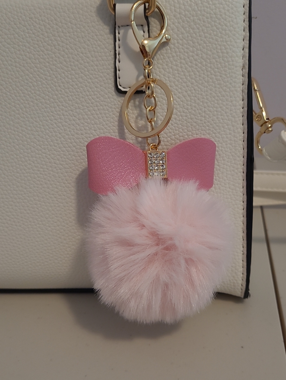 Pink Pom-Pom Bow Keychain Charm